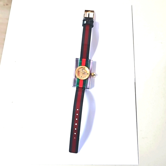 Authentic Gucci Watch Red Green Plexiglass Gold Bee Modern Luxury Designer Watch - Picture 6 of 16